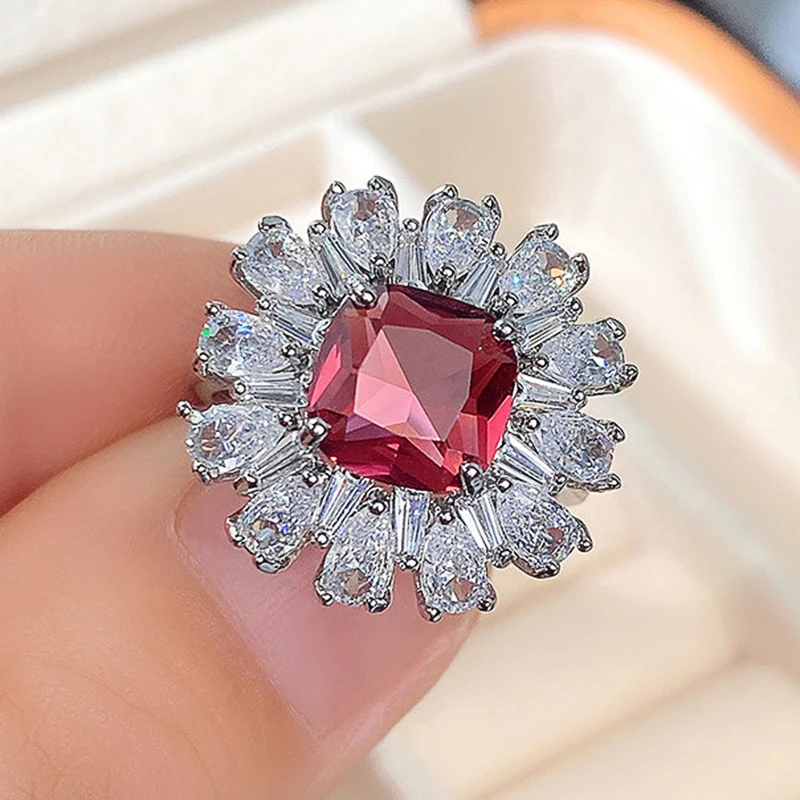 

Luxury Flower Shaped Red AAA Cubic Zirconia Rings Ladies Shiny Finger Accessories Anniversary Party Gifts Premium Ladies Jewelry