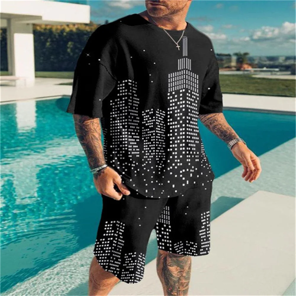 Summer Men's Two-piece Sportswear Black And White Lion 3D Printed T-shirt Shorts Suit Street Casual T-shirt Top Shorts Clothing