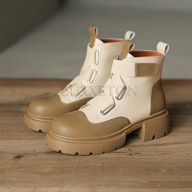 

Женские короткие ботинки на толстой подошве, повседневные ботильоны средней длины из искусственной кожи с круглым носком, на шнуровке, новы...