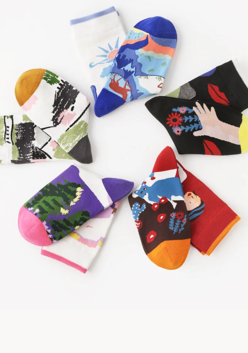 Hot Sale New Arrival Funny Fancy Sock for Women and Men Cotton Cartoon Socks 5 Pairs Retro Street Oil Castle Tropical Forest
