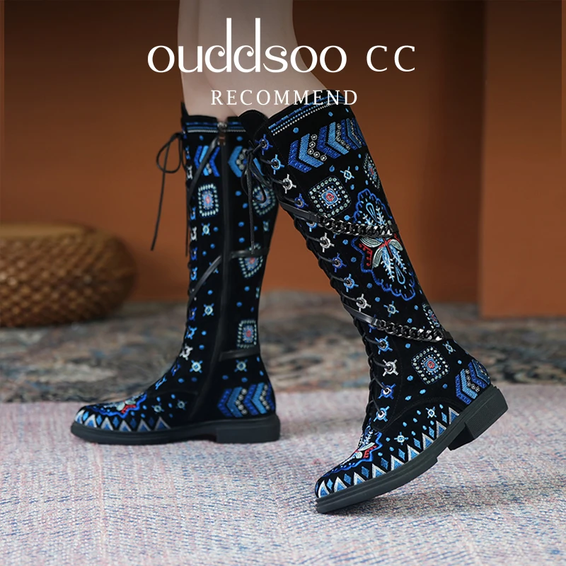 ODS Ethnic Knee High Boots Embroidery Floral Genuine Leather Chunky Long Heel Zipper Botas Mujer Autumn Winter Womens Lady Shoes