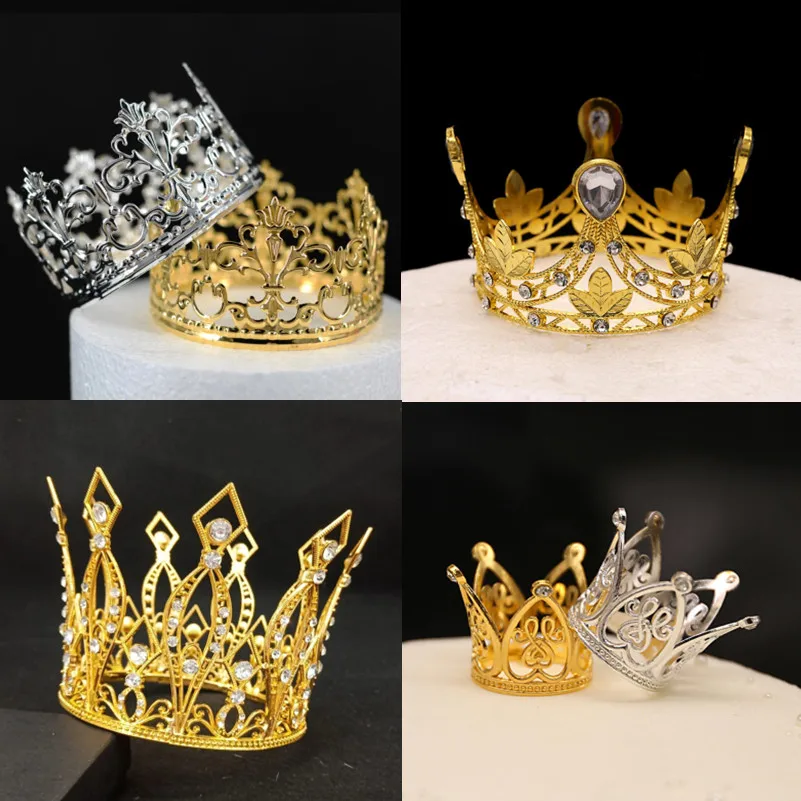 Round Crown Cake Topper Pearl Diamond Rhinestone Metal Hair Crown Cupcakes Decor Birthday Party Wedding Bridal Tiara Headwear