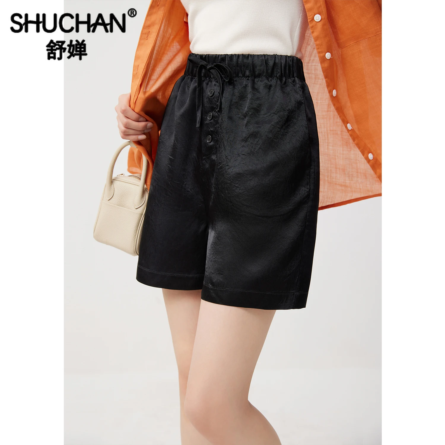 SHUCHAN Pantalones Cortos De Mujer  Shorts Feminino  High Waisted Shorts  Acetate  High Street  SATIN  Summer Shorts Women