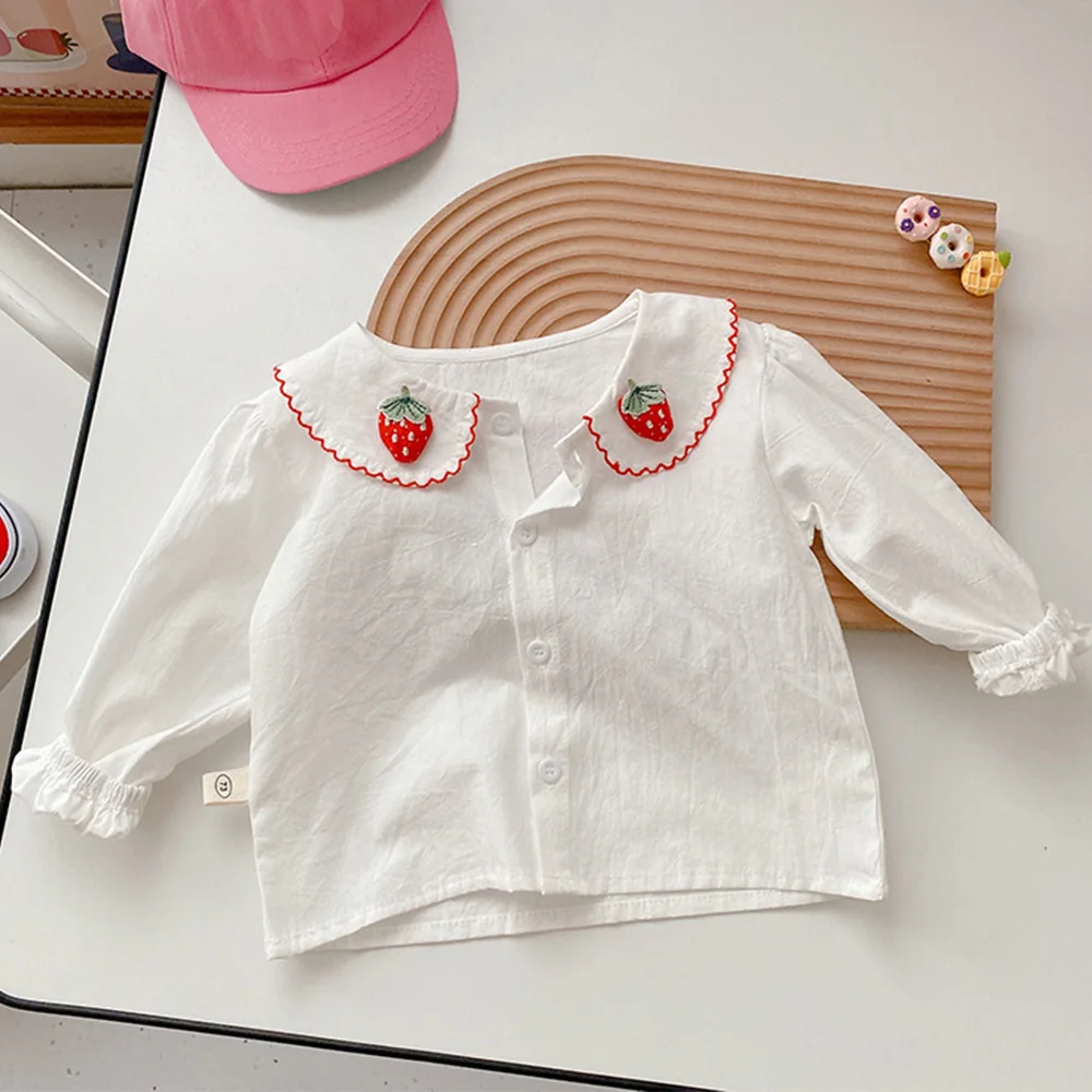 

100% Cotton Little Girl Shirts Long Sleeve Peter Pan Collar White Princess Children Clothing Spring Autumn Toddler Lolita Blouse