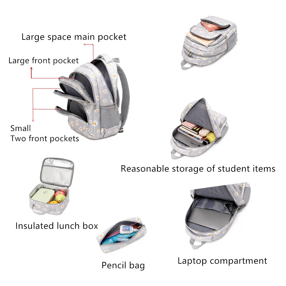 Girls Backpacks Cute Daisy Printing Elementary School Bag Grey Princess Back Pack with Lunch Case Kids Casual Daypack Satchels