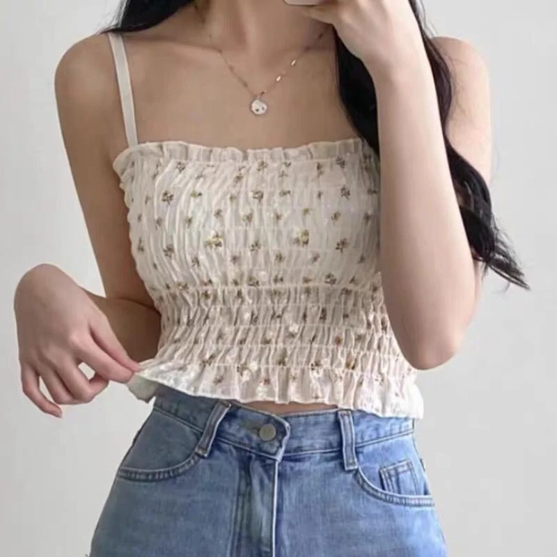 

Fashion All-match New Camisole Minimalist Basic Tender Floral Korean Comfortable Sweet Female Style Ruffles Casual Women Summer