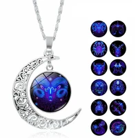 12 constellation zodiac jewelry sets women man cabochon glass crescent moon virgp pendant chain necklace birthday gift wholesale
