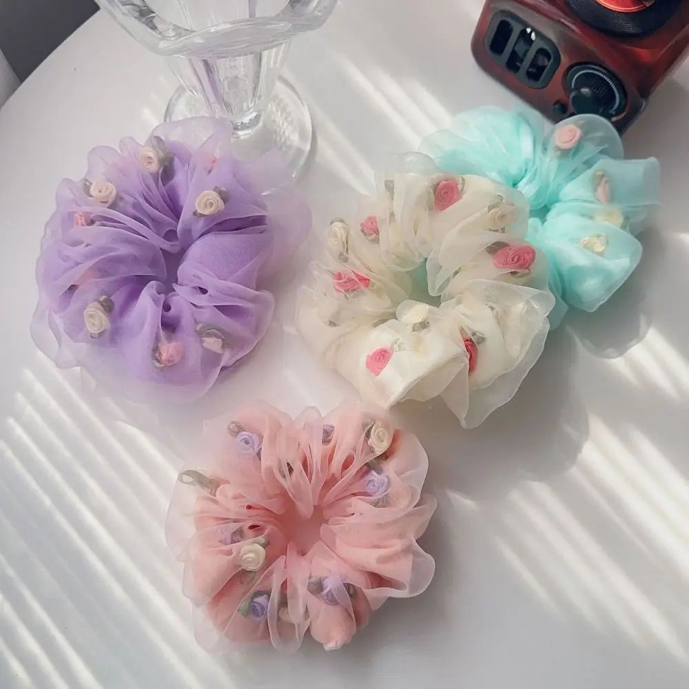 

Headdress Chiffon Hair Bands Ponytail Holder Double Layer Rose Flower Women Hair Ties Hair Rubber Bands Mesh Flower Scrunchies