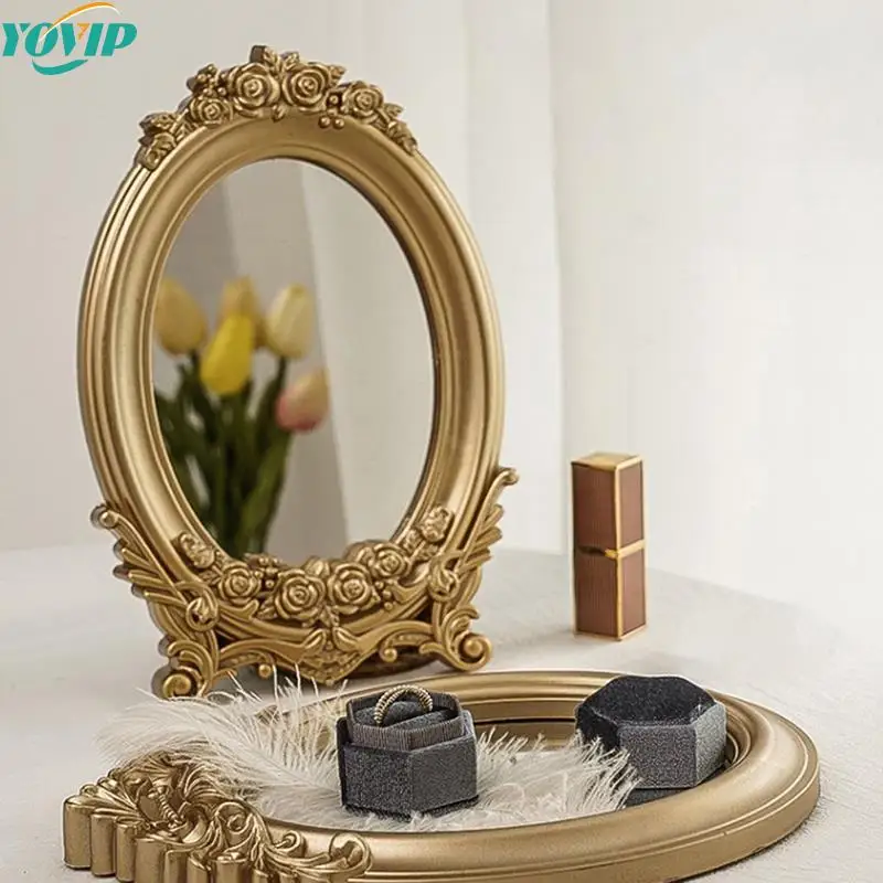 

Rustic French Palace Style Carving Frame Table Mirror Gold Mirror Tray Home Decorative Mirror Bedroom Table Makeup Mirror