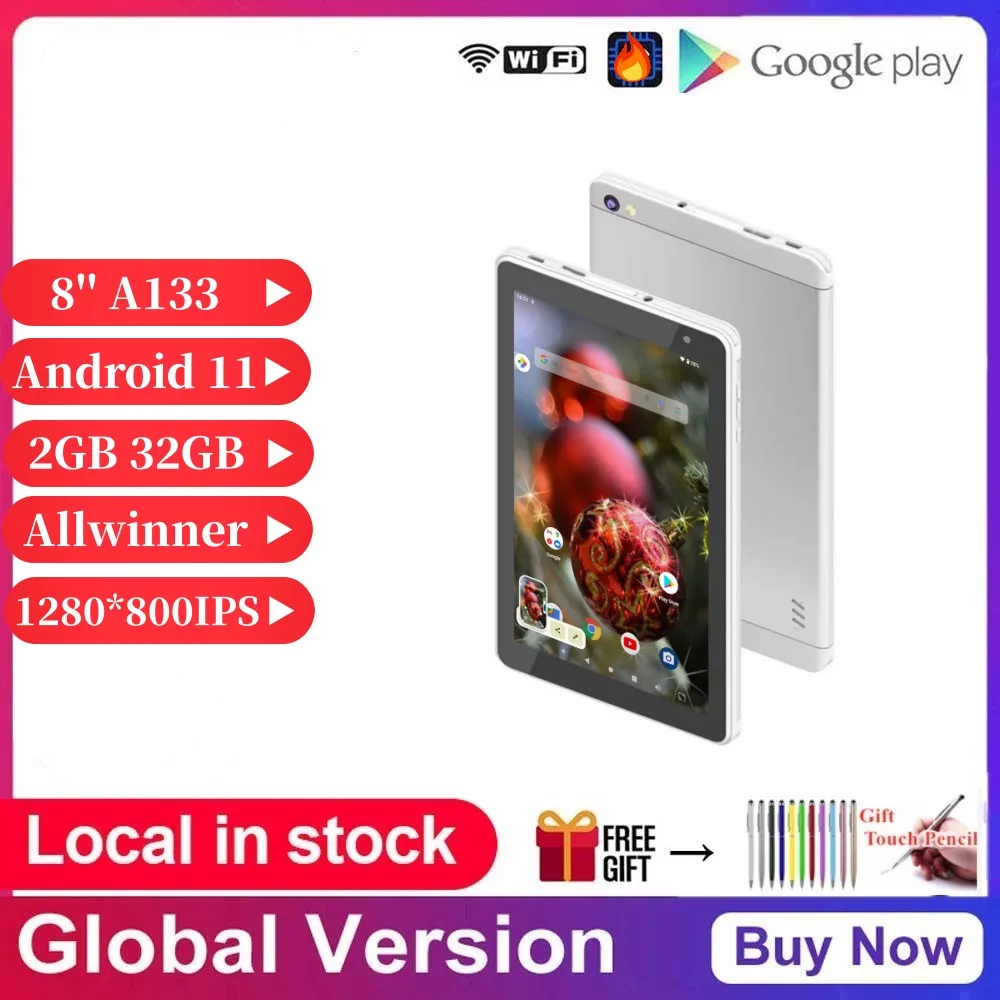 Google Play 8'' Android 11 Quad Core 2GB RAM 32GB ROM A133 Tablets PC 1280x800IPS Ultrathin Allwinner Dual Cameras Wifi Netbook