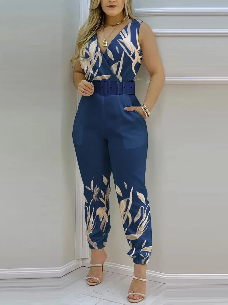 

Jumpsuit Women V Neck Backless Sleeveless Printed High Waist Jump Suits for Women Spring Summer Temperament Elegant Women's Sets