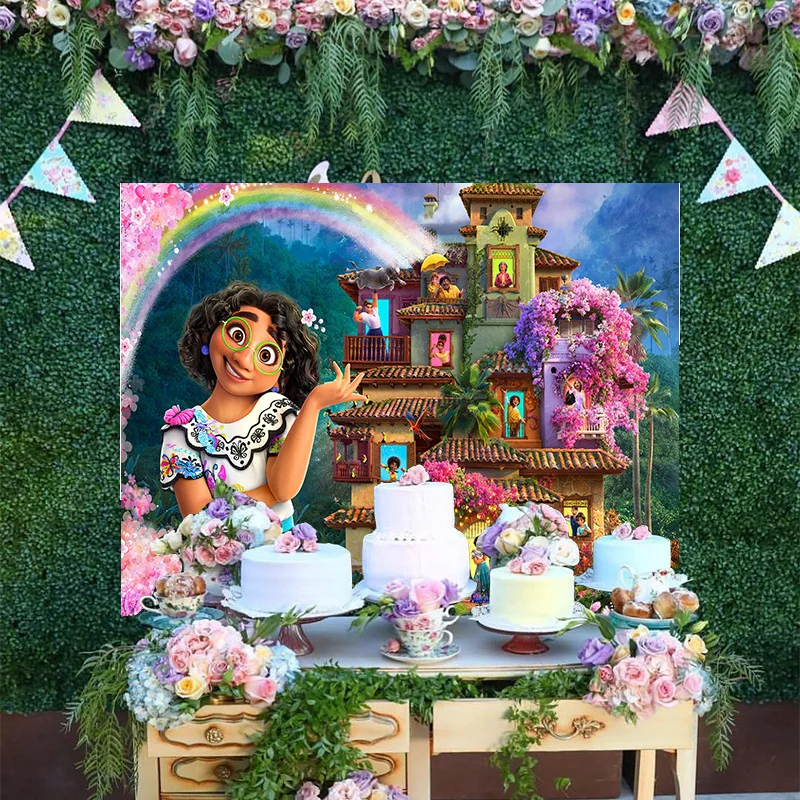 

Disney Girls Princess Encanto Mirabel Rainbow Photo Backdrop Baby Happy Birthday Party Cartoon Decoration Backgrounds Banner