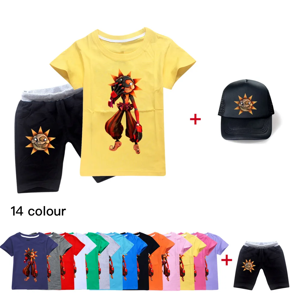 

New Baby Kids Sport Clothing Sundrop FNAF Sun clown Clothes Sets for Summer Casual Boys Costumes Cotton Children Clothes+Sun hat