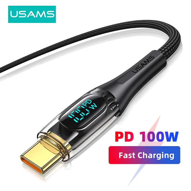 

USAMS USB C to USB Type C Cable 100W/66W LED Display Phone Charge Cable 6A PD Fast Charging Core for iPhone 15 Pro iPad Macbook