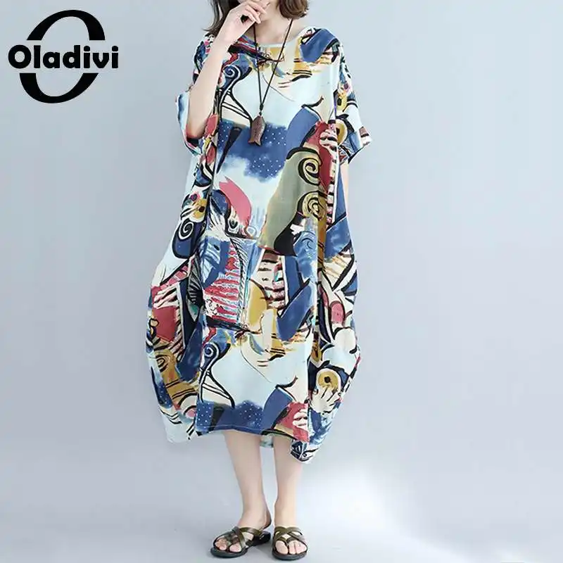 

Oladivi Oversized Casual Loose Long Dress Women Summer Boho Beach Wear Fashion Printed Ladies Leisure Dresses Ladies Tunics Robe