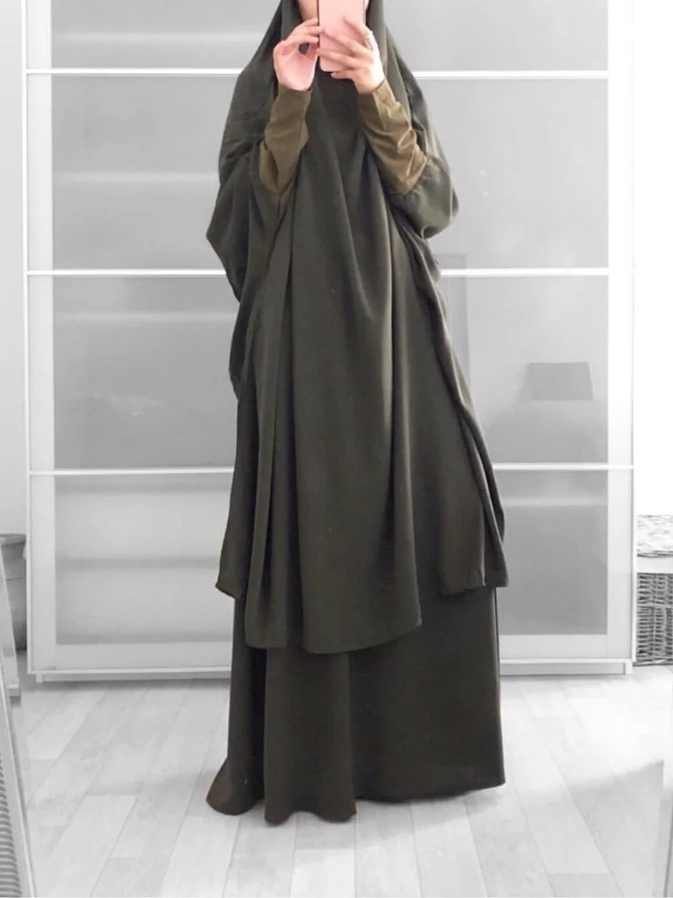 Hooded Muslim Prayers Two Piece Set Women Hijab Dress Dubai Prayer Garment Jilbab Abaya Ramadan Gown Skirt Sets Islamic Clothes
