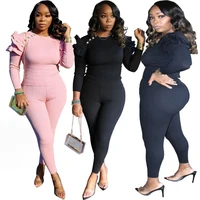 ladies elegant two piece solid color long sleeve layered ruffle trousers fashion home suit ladies
