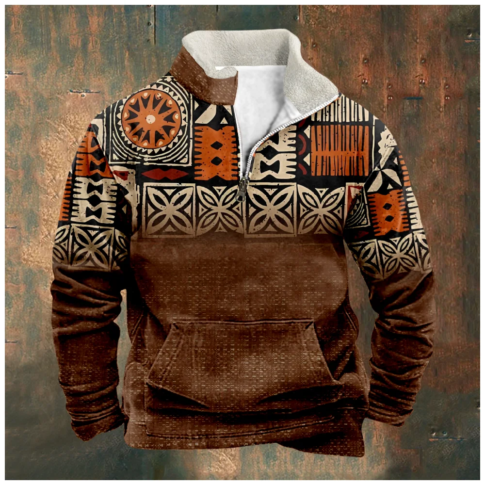 

Осень 2023, Мужской пуловер, свитшоты на молнии, флисовые худи с длинным рукавом, винтажные ацтекские Этнические Племенные Топы большого размера с графикой