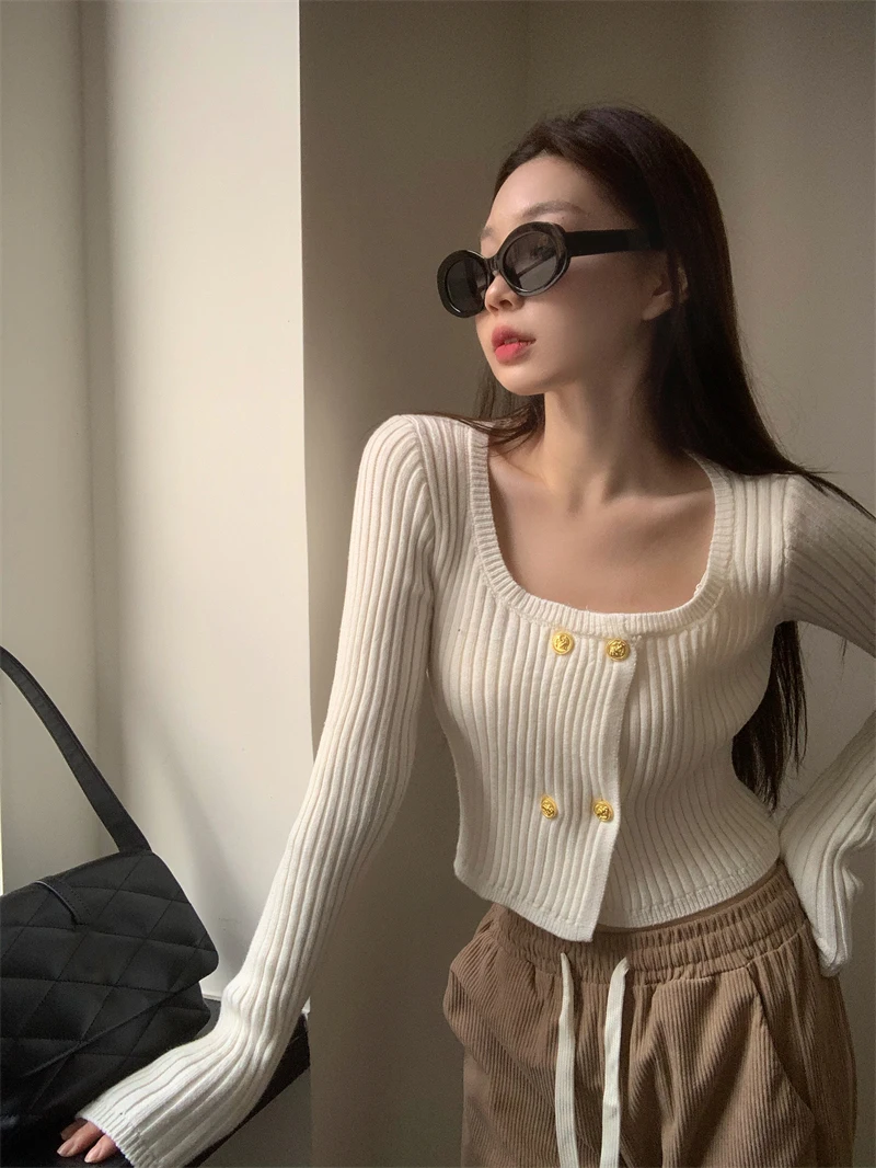 Square Neck Long Sleeved Knitted Cardigan Women's Red Sweater with Bottom Layer Fashion Tops 2022 Sueter Mujer Fairy Grunge Y2k
