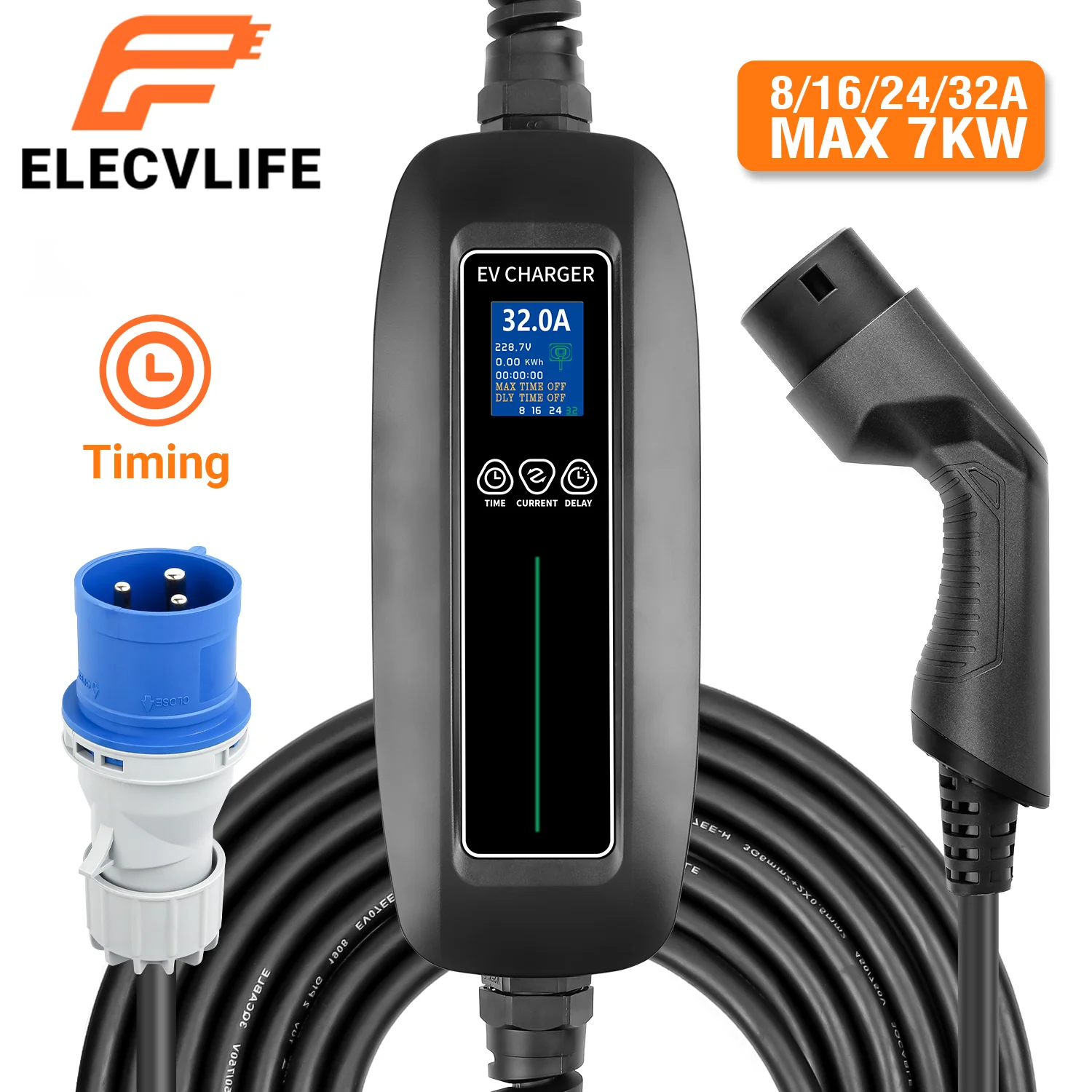 Electric Car Charger Timing Portable EV Charger 7kW, Type 2 Cable 8/16/24/32A Adjustable Charging IEC 62196 EVSE for VW Tesla