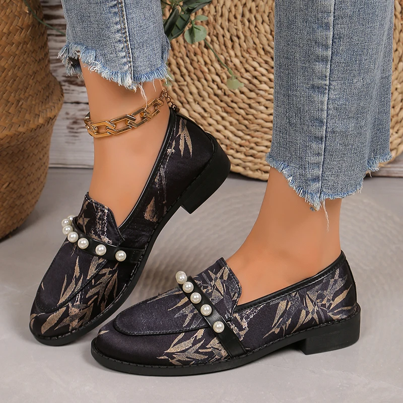 Туфли-лодочки женские с жемчугом бамбуковый принт низкий каблук лоферы без