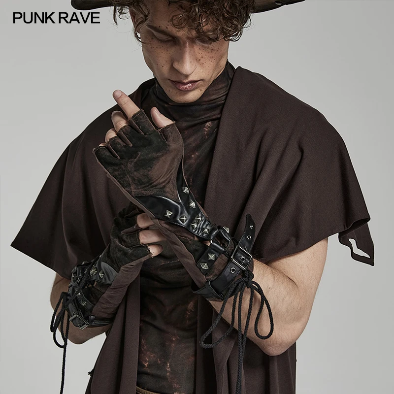 PUNK RAVR Men's Punk Rivets Fingerless Gloves Gothic Stretch Knitting and PU Splicing Handsome Novelty Gloves 1 Pair