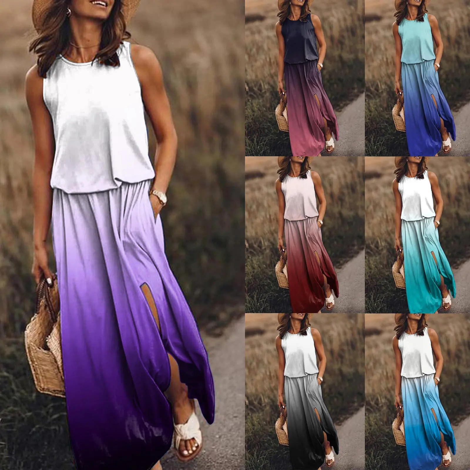 

Женское платье-макси без рукавов, с градиентным принтом