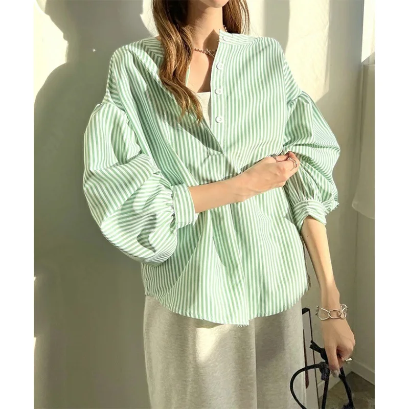 Японская летняя новая полосатая рубашка Nomikuma с пышными рукавами повседневный