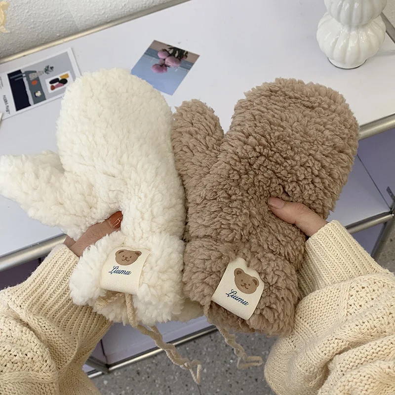 Soft Plush Winter Thick Warm Fingerless Gloves Girls Korean Japanese Solid Color Glove with Ropes Casual Outdoor Riding Mittens