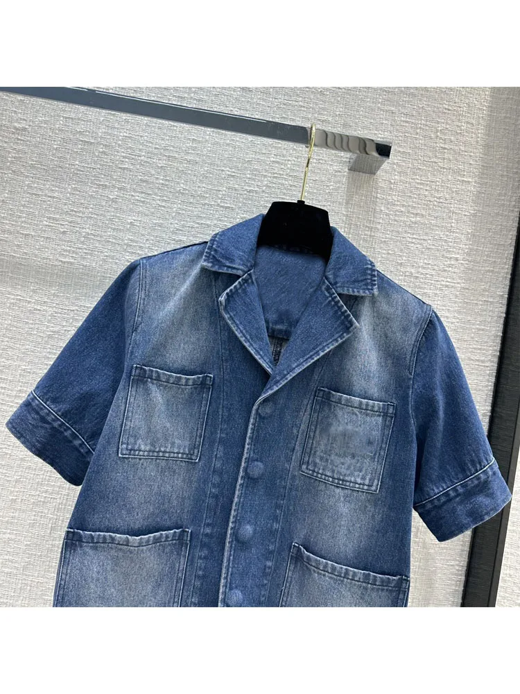 

2023 Women denim short-sleeved jacket classic lapel single-breasted design jacket for female H-line loose version
