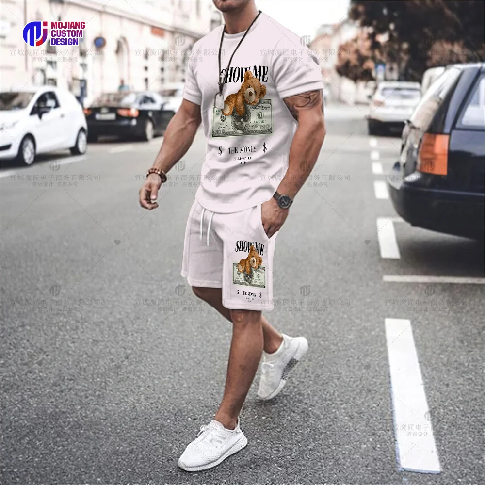 Men's Fun Bear Print T-Shirt Set Fashion Hip Hop Harajuku Short Sleeve Top Casual Oversized O Neck Street Shorts Clothing