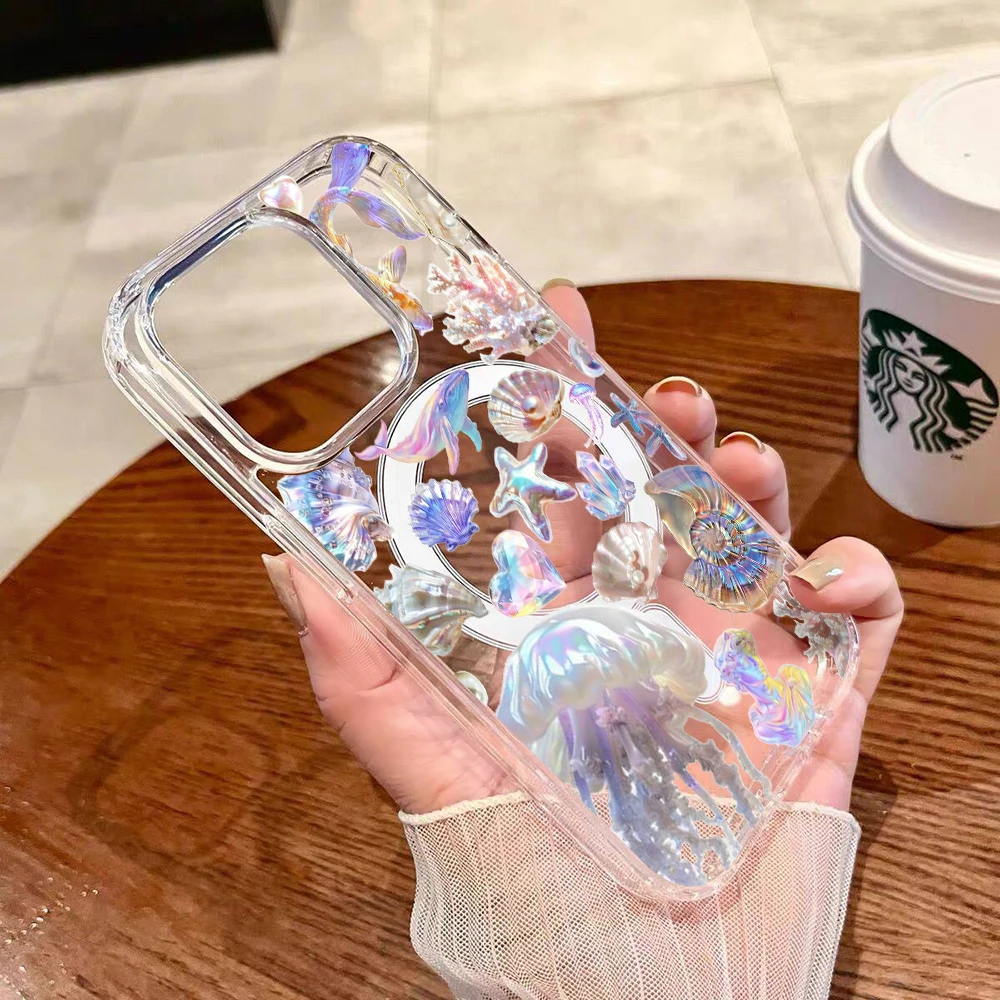 Фото Эстетичный чехол для телефона с подводным принтом «Русалка» для iPhone 17 Air, 15, 16, 14, 12, 13, 11 Pro Max, 16, 17 E, 14, 15, 16 Plus, магнитный чехол №4