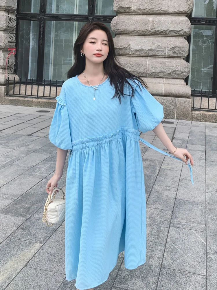 

LANMREM Korean Spliced Dress For Women Round Neck Lantern Sleeves A-line Belt Dresses Fashion Female Clothing 2023 New 2YA1284