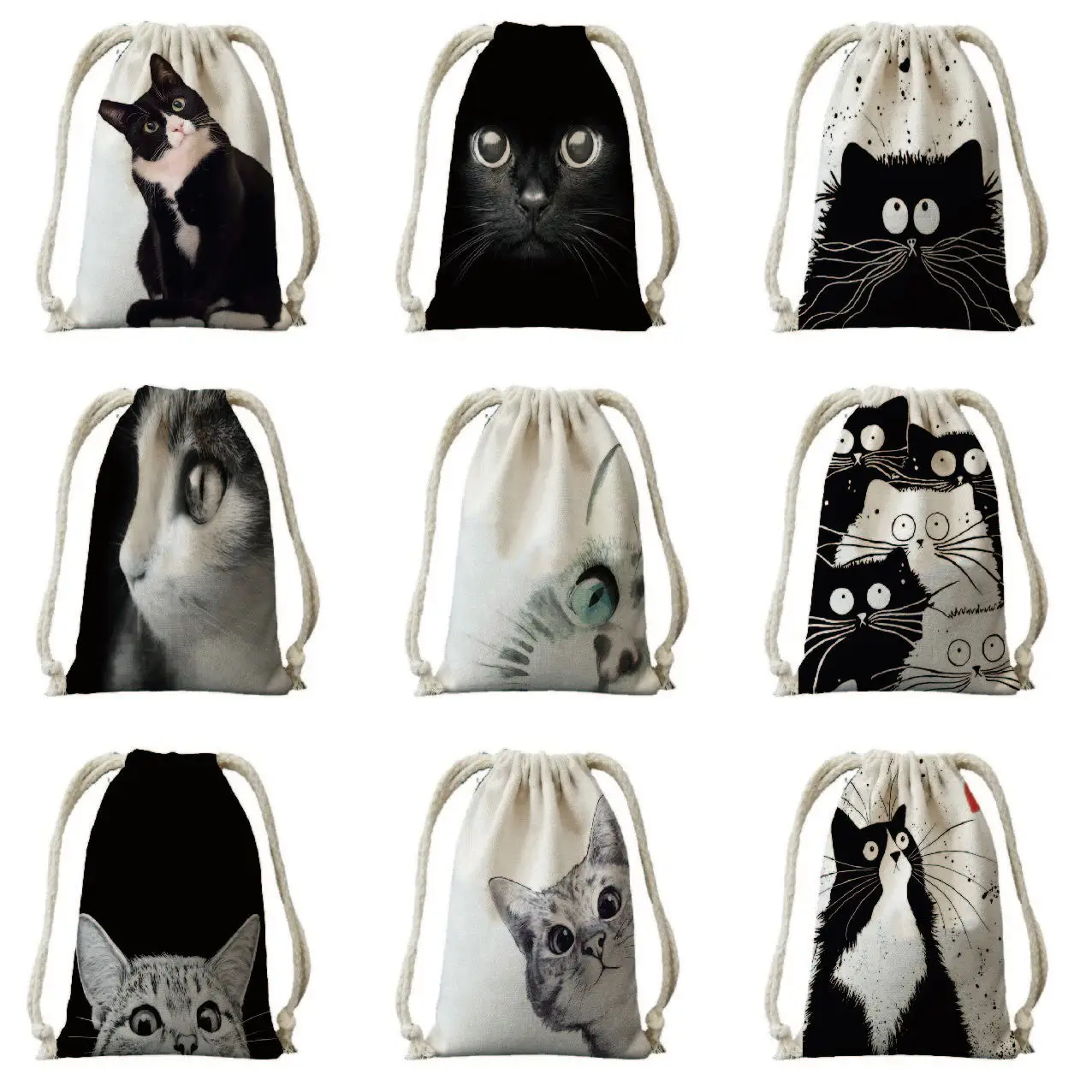 

Black and white cat printed school backpack girl drawstring bag rope bag women's travel backpack storage bag