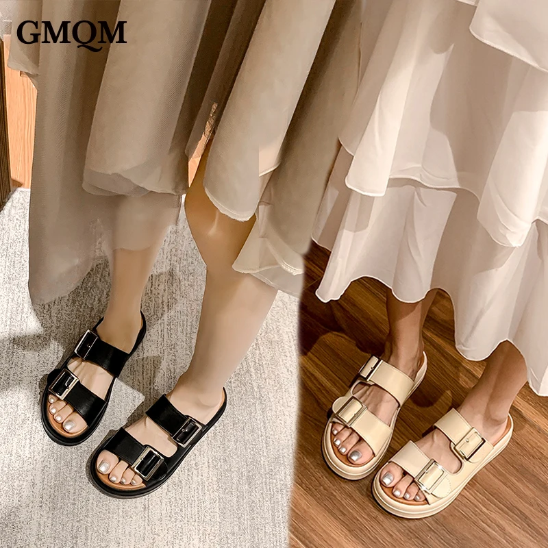 Женские летние тапочки на толстой платформе GMQM сандалии из натуральной кожи