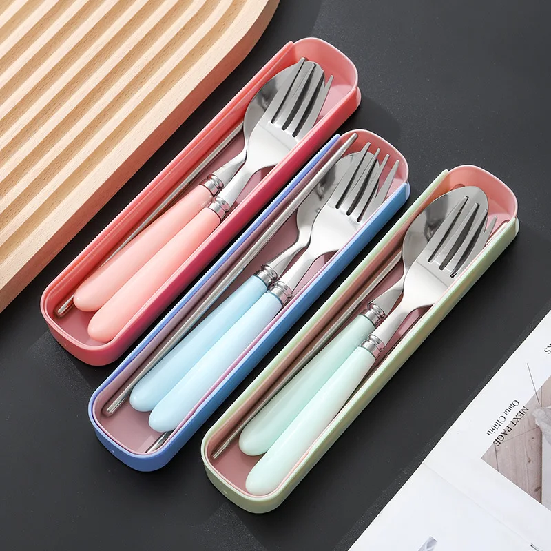 

2/3PCS Spoon Fork Chopstick Cutlery Portable Dinnerware Kit Lunch Tableware With Box Set 401 Stainless Steel Kitchen Accessories