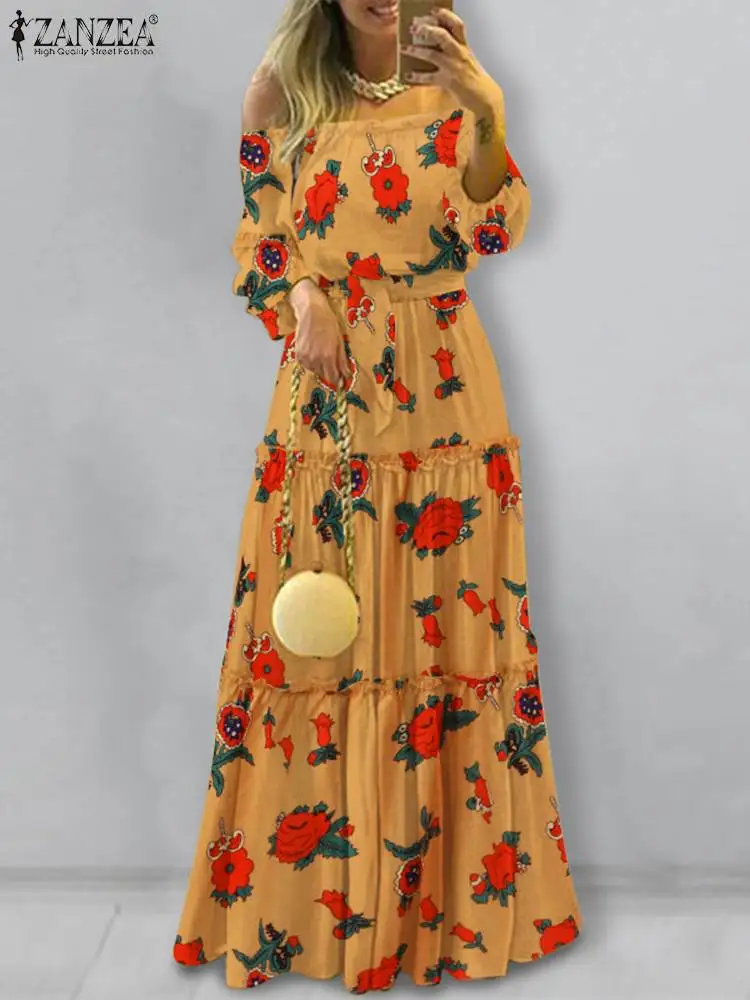 

ZANZEA Autumn Off Shoulder Long Robe Women Holiday Floral Print Dress 2022 Chic Party Ruffle Vestido Casual Elegant Maxi Dresses