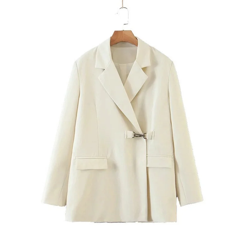 White Slim Waist Casual Office Blazer with Buckles 2021 Women Solid Color Mid-Length Commute Blazer Simple Patchwork Jacket Coat