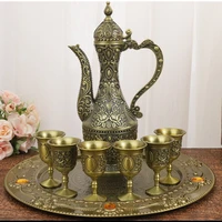 european copper bronze plated wine set metal luxury imitation ancient wine set tea set decoration 1 set 1 plate 1 pot 6 cup