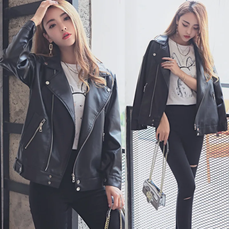 

Autumn Winter Black Leather Women's Korean Women's Loose Leather Short Coat Student Motorcycle Jacket Pu Leather Jacket Coat