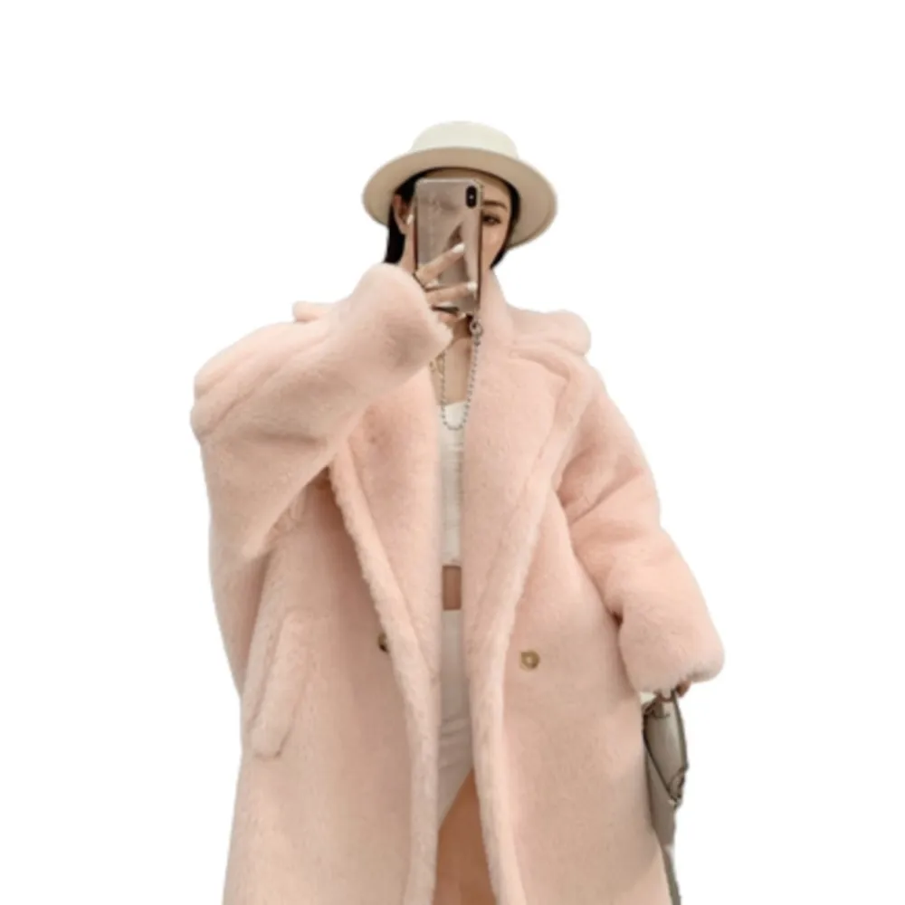 Women's Winter Thicken Warm Fur Coat Alpaca Wool Silk Classic Solid Teddy Bear Button Coats Ladies Elegant Soft Long Outerwears