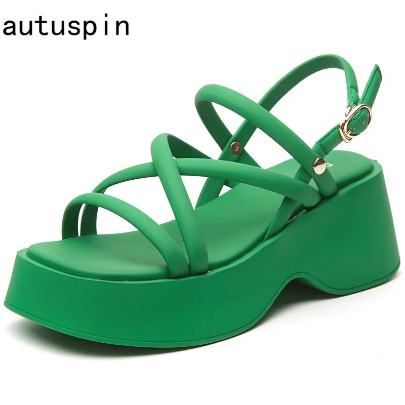 

Autuspin Summer Green Sandals Fashion Women Wedges Platform Leather Gladiator Shoes Students Rome Style Increasing Height Heels
