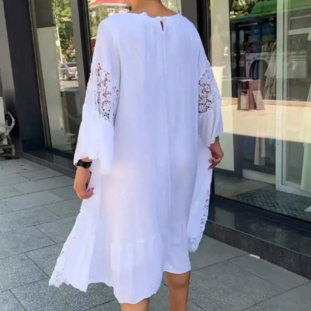 

2023 Spring Summer Casual Woman Dress Elegant Solid Flare Sleeve Mini Dress Patchwork Hollow Out Party Club Beach Dress