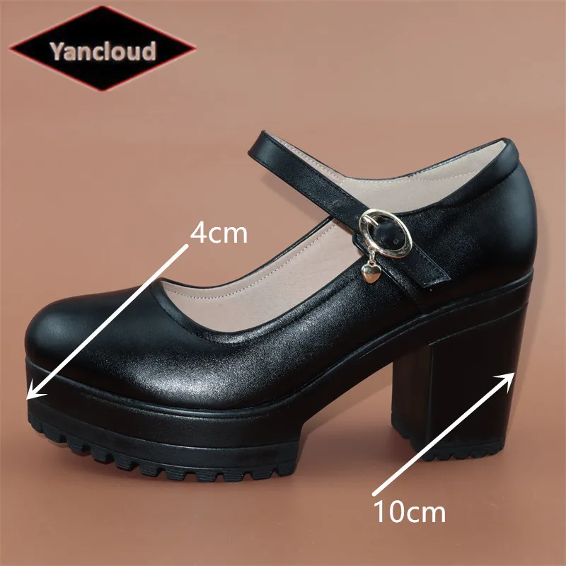 Size 33-43 Block Heel Platform Pumps Women Soft Leather Mary Janes 2023 Shallow High Heels Shoes Black for Office Mother Model
