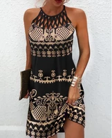 dresses for women 2022 summer vintage vacation halter tribal print hollow out sleeveless casual flared mini dress