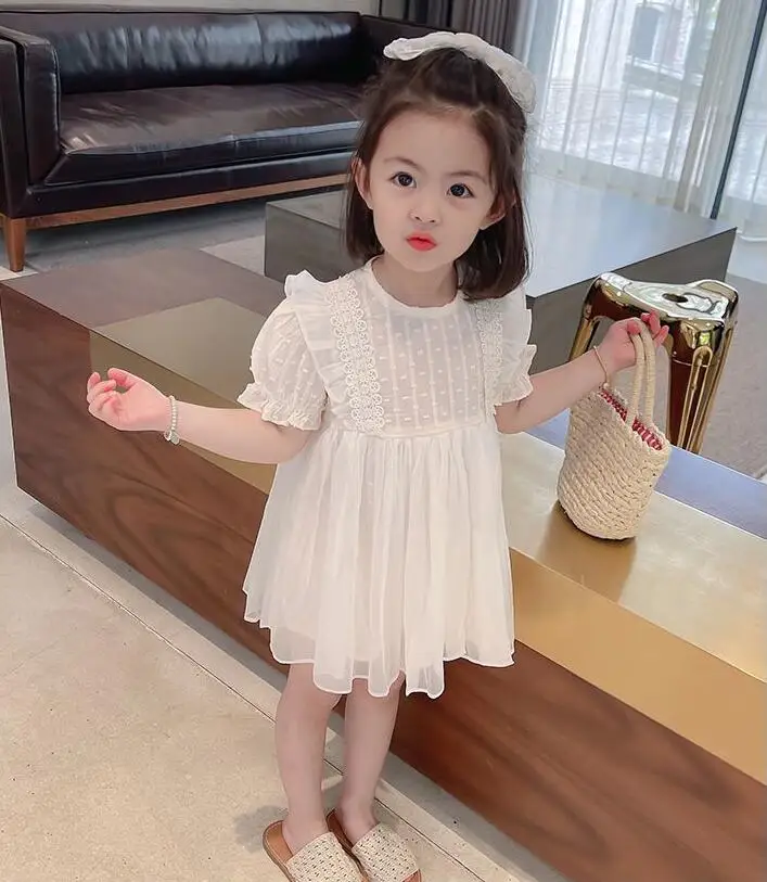 

2022 Fashion Newly Hot Kids Girls Sister White Blue Lovely Pattern Shirt Short Sleeve Dresses Princess Dress