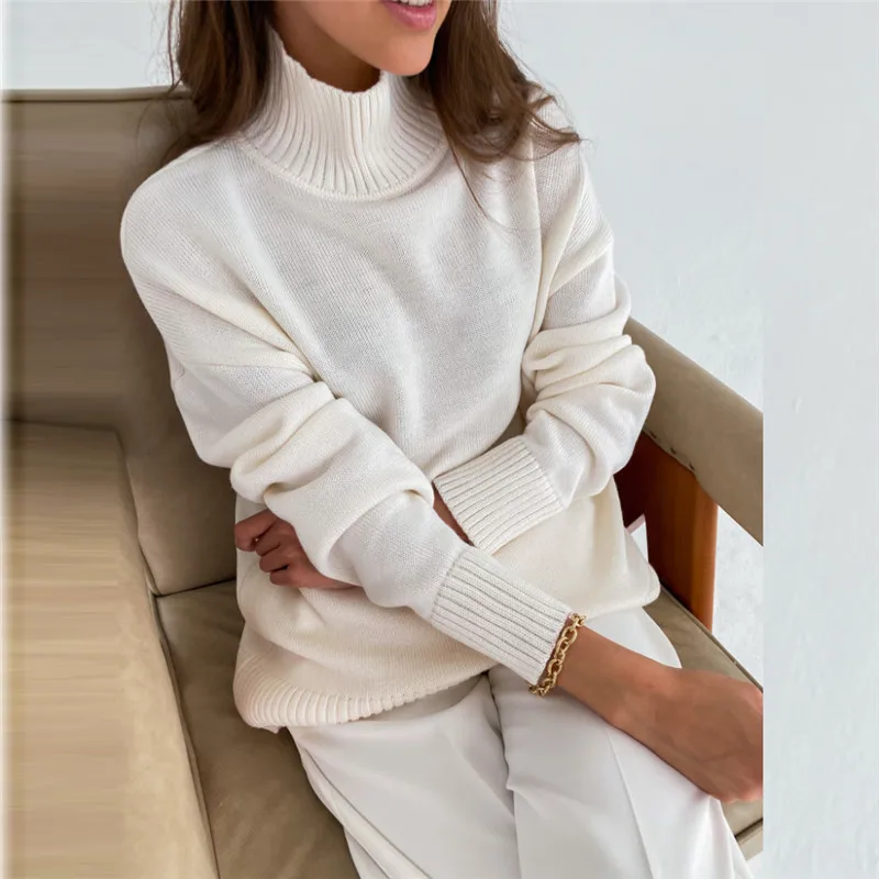 

Casual Women's Knitted Turtleneck Sweater Oversize Long Sleeve Loose Ladies Pullover Tops 2022 Autumn Warm Solid Female Sweaters