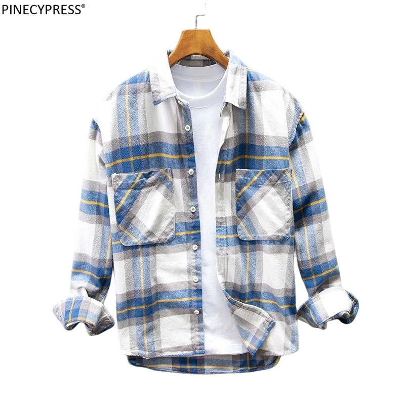 

100% Cotton Spring Autumn Man Casual Shirt Single Breasted Plaid Male Clothing Turn Down Collar Long Sleeve Brushed Men Shirts