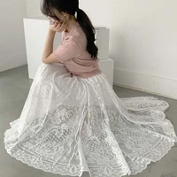 chic skirt solid color korean ins beautiful full lace crochet elastic high waist elegant long skirt for summer 2022 new japan