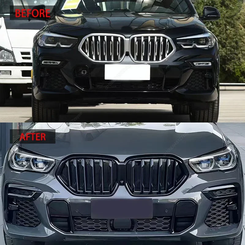 Передний бампер однолинейная решетка для BMW X6 G06 M50i M50d X6M F96 2019-2023 глянцевая черная
